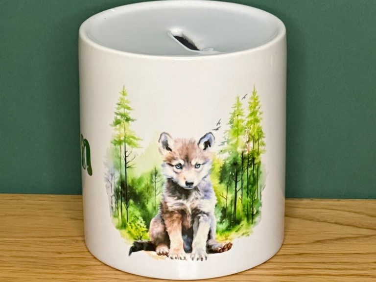 Keramikspardose mit Wolf Motiv Keramikspardose mit Wolf Motiv